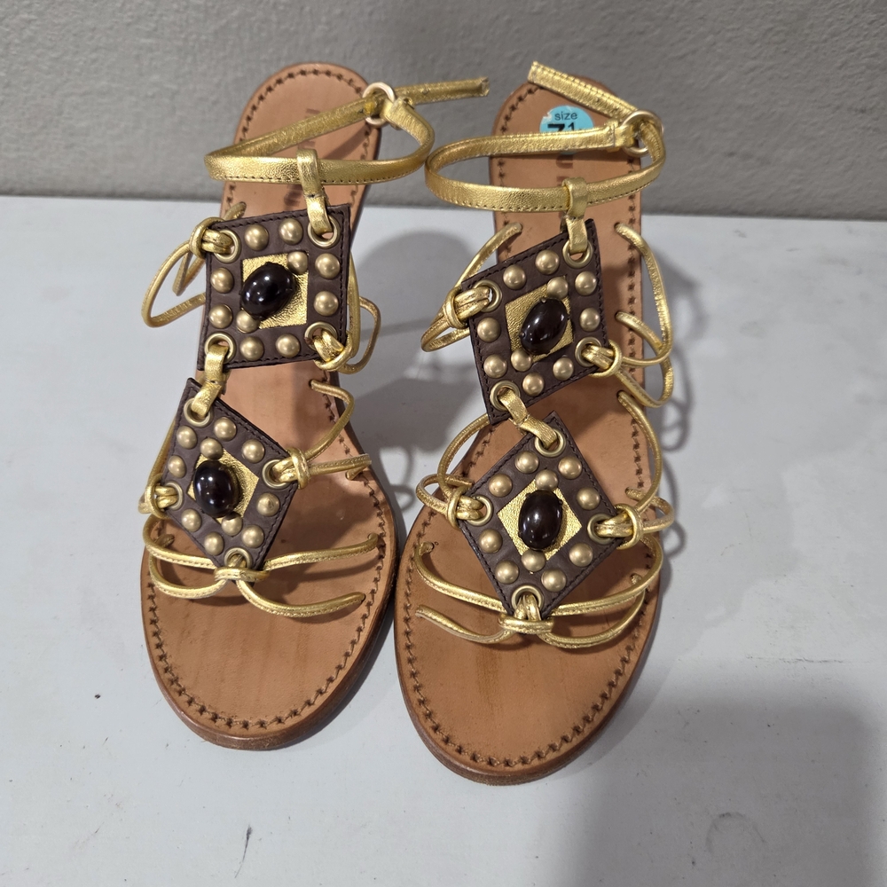 Miu Miu Gold and Brown Embellished Sandals